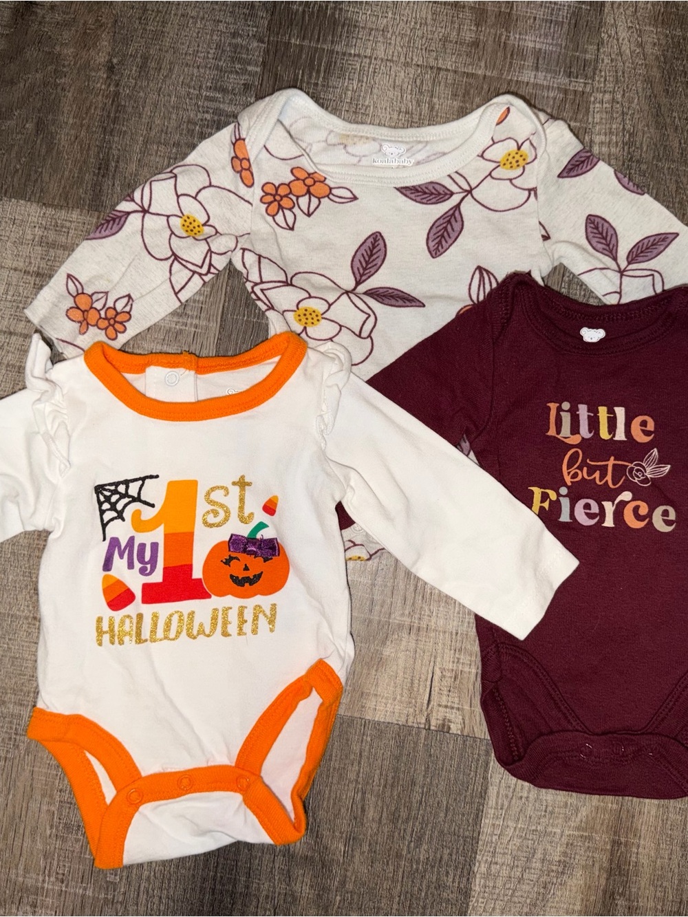 Koala Kids 3-Pack Floral Burgundy White Orange Halloween Bodysuits